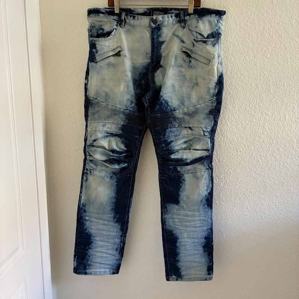 Smoke Rise Moto Biker Jeans Mens Size 40 Blue Acid Bleach Wash Reinforced Knees
